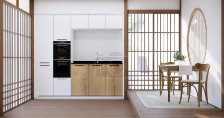 Téléchargez les photos : Salle de cuisine de style japonais moderne et table à manger sur plancher de bois. - en image libre de droit