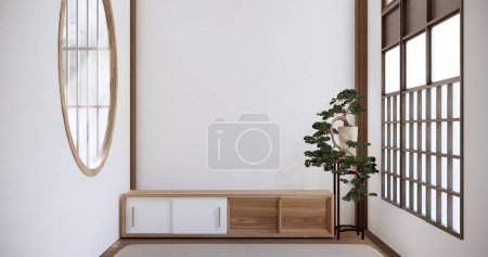 Téléchargez les photos : Japandi style salon chambre vide avec décoré minimaliste et armoire de télévision. - en image libre de droit