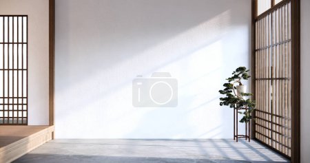 Photo for Japan style empty room decorated with white wall and wood slat wall - Royalty Free Image