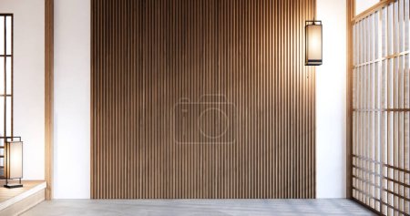 Téléchargez les photos : Chambre vide de style japonais décorée avec mur blanc et mur à lattes en bois - en image libre de droit