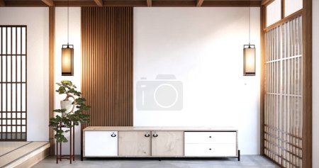 Téléchargez les photos : Japandi style salon chambre vide avec décoré minimaliste et armoire de télévision. - en image libre de droit