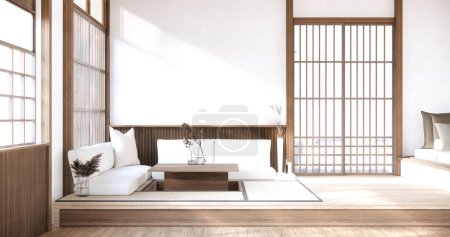 Photo for White Sofa japanese on room japan tropical desing and tatami mat floor. - Royalty Free Image