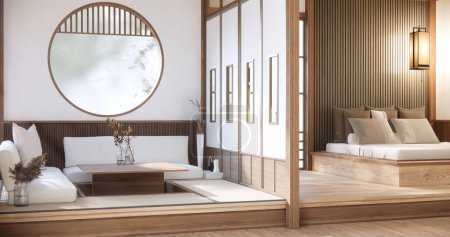 Téléchargez les photos : Salle vide de style japonais décorée avec plancher et mur en bois . - en image libre de droit