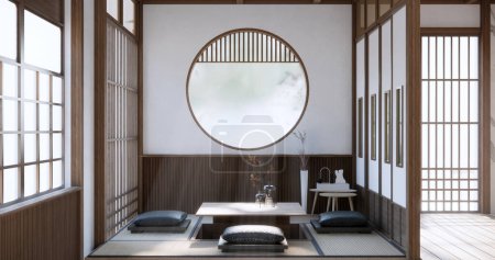 Foto de Sofá blanco japonés en la habitación Japón diseño tropical y tatami alfombra piso. - Imagen libre de derechos
