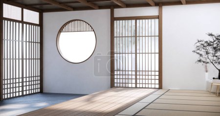 Téléchargez les photos : Chambre vide de style japonais décorée avec mur blanc et mur à lattes en bois - en image libre de droit