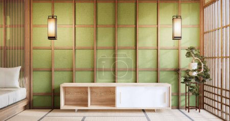 Téléchargez les photos : Style japonais moderne et décoré avec armoire sur mur blanc. Rendu 3d - en image libre de droit