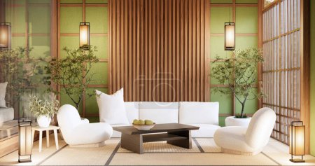 Photo for BIg roominterior design in modern living room with black low table ,lamp,vase, and decor Japanses style. - Royalty Free Image