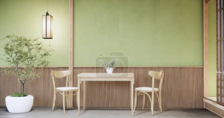 Foto de Cocina comedor mesa gris pared suelo de madera. renderizado 3d - Imagen libre de derechos