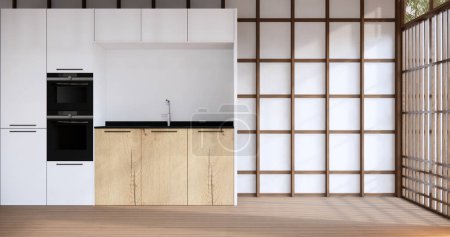 Téléchargez les photos : Cuisine salle à manger table gris mur plancher de bois. Rendu 3d - en image libre de droit