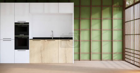 Foto de Cocina comedor mesa gris pared suelo de madera. renderizado 3d - Imagen libre de derechos