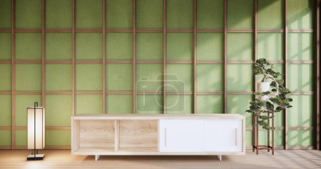 Téléchargez les photos : Style japonais moderne et décoré avec une armoire sur le mur vert. Rendu 3d - en image libre de droit