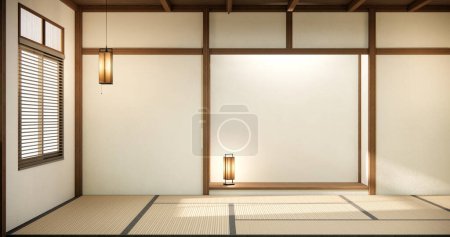 Photo for Nihon room design interior with door paper and wall on tatami mat floor room japanese style. - Royalty Free Image
