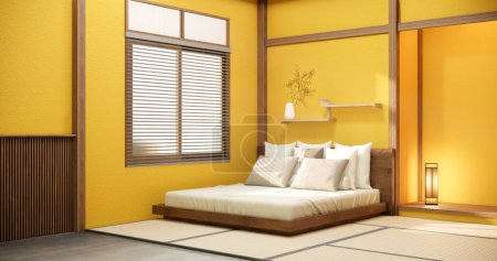 Téléchargez les photos : Modèle intérieur jaune minimal avec plante de lit zen et décoartion dans la chambre japonaise. rendu 3D. - en image libre de droit