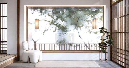 Téléchargez les photos : BIg chambre design d'intérieur dans le salon moderne avec table basse noire, lampe, vase et décor style Japanses. - en image libre de droit