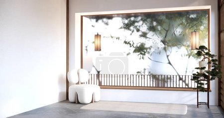 Téléchargez les photos : BIg chambre design d'intérieur dans le salon moderne avec table basse noire, lampe, vase et décor style Japanses. - en image libre de droit