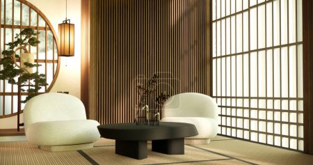 Téléchargez les photos : Salon minimaliste de style japandi décoré avec canapé - en image libre de droit
