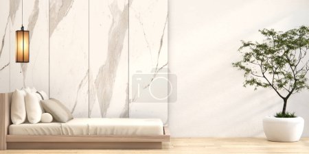 Téléchargez les photos : Chambre à coucher style minimal japonais., Moderne blanc, chambre minimaliste. - en image libre de droit