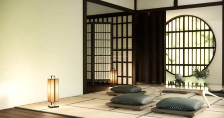 Foto de Zen interior de la habitación con mesa baja y almohada en tatami estera en habitación de madera de estilo japonés. - Imagen libre de derechos