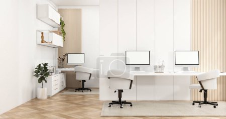 Photo for The interior Computer and office tools on desk room muji style interior design. - Royalty Free Image