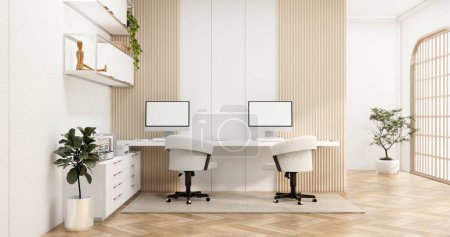 Foto de El interior Computadora y herramientas de oficina en la sala de escritorio muji estilo diseño de interiores. - Imagen libre de derechos