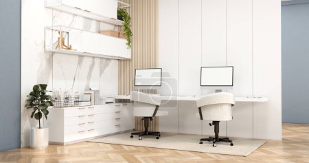 Foto de El interior Computadora y herramientas de oficina en la sala de escritorio muji estilo diseño de interiores. - Imagen libre de derechos