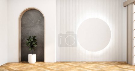 Téléchargez les photos : Chambre vide de style japonais moderne décorée avec un mur à lattes blanches. - en image libre de droit