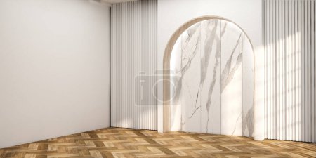 Téléchargez les photos : Chambre vide de style japonais moderne décorée avec un mur à lattes blanches. - en image libre de droit