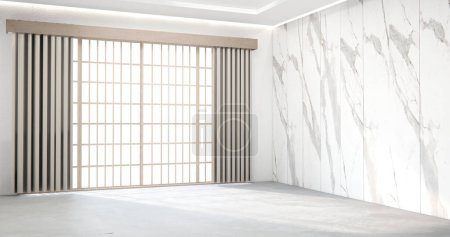 Foto de Habitación vacía de estilo japonés moderno decorada con pared de listón blanco. - Imagen libre de derechos