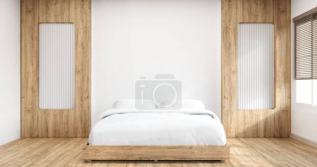 Téléchargez les photos : Chambre à coucher style minimal japonais., Mur blanc moderne et plancher en bois, chambre minimaliste. - en image libre de droit