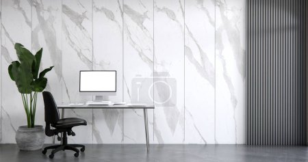 Foto de El interior Computadora y herramientas de oficina en la sala de escritorio diseño de interiores de estilo japonés blanco. - Imagen libre de derechos