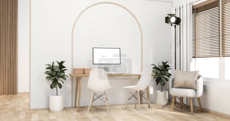 Photo for Computer and office tools on desk room interior design. - Royalty Free Image