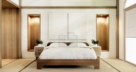 Téléchargez les photos : Intérieur de la chambre à coucher Muji Japon style minimal, intérieur japonais.rendu 3D - en image libre de droit