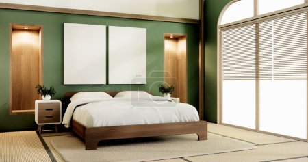 Foto de Diseño verde en la habitación de la cama deisgn japonés con piso tatami estera. Renderizado 3D - Imagen libre de derechos