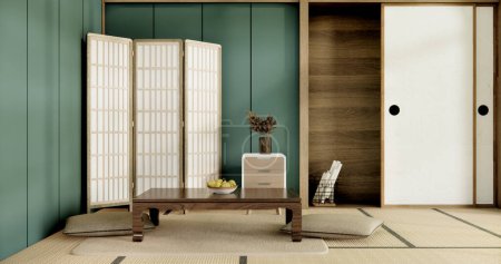 Téléchargez les photos : Salon vert Muji style japonais et décoration pour le Japon.rendu 3D - en image libre de droit