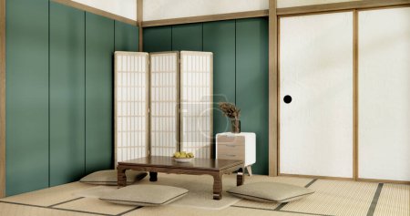 Téléchargez les photos : Salon vert Muji style japonais et décoration pour le Japon.rendu 3D - en image libre de droit