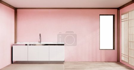 Foto de Mockup rosa Muji cocina habitación japonés estilo minimalista interior. - Imagen libre de derechos