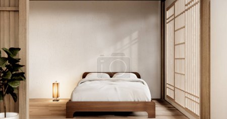 Téléchargez les photos : Intérieur de la chambre à coucher Muji Japon style minimal, intérieur japonais.rendu 3D - en image libre de droit
