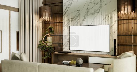 Téléchargez les photos : Canapé et décoration japonaise sur la chambre moderne style wabisabi intérieur. - en image libre de droit