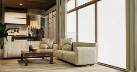 Téléchargez les photos : Canapé et décoration japonaise sur la chambre moderne style wabisabi intérieur. - en image libre de droit