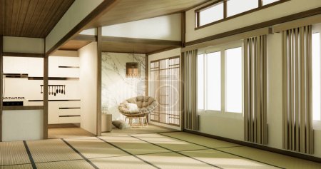 Téléchargez les photos : Nihon chambre design intérieur avec papier de porte et tatami tapis de sol salle de style japonais. - en image libre de droit