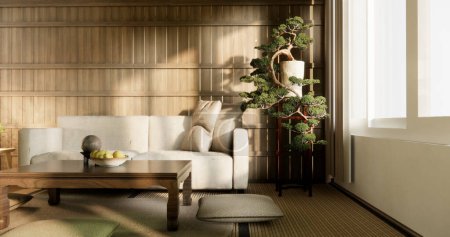 Téléchargez les photos : Table basse et oreiller sur tatami tapis dans la salle en bois style japonais. - en image libre de droit