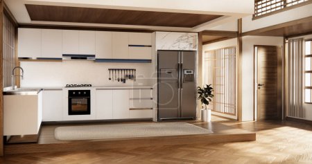Foto de Mockup sala de cocina estilo japón mínimo interior.3D renderizado - Imagen libre de derechos