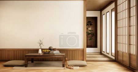 Photo for Low table and pillow on tatami mat in wooden room japanese style. - Royalty Free Image