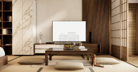 Téléchargez les photos : TV Japon - Smart TV sur table basse dans la chambre de style japonais avec lampe. - en image libre de droit