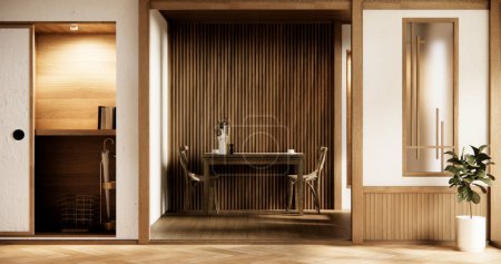 Foto de Comedor estilo japonés con mesa larga y sillas de madera en la habitación japandi. - Imagen libre de derechos