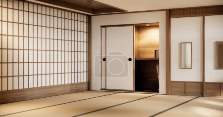 Foto de Interior, habitación vacía y tatami alfombra piso habitación de estilo japonés. Renderizado 3D - Imagen libre de derechos