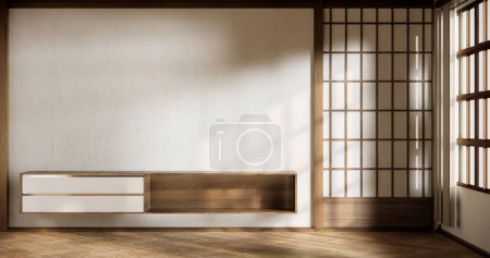 Photo for Cabinet wooden design on living room style empty wall background. - Royalty Free Image