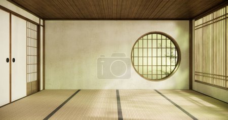 Foto de Ventana de círculo estilo japón en habitación vacía habitación minimalista interior - Imagen libre de derechos