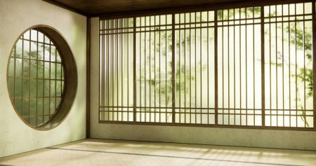 Photo for Circle window japan style on Empty room minimalist room interior - Royalty Free Image