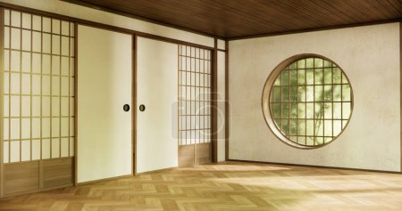 Téléchargez les photos : Fenêtre cercle style japon sur chambre vide intérieur de chambre minimaliste - en image libre de droit